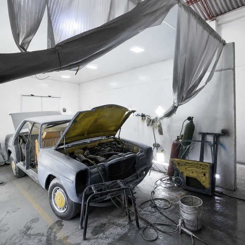 Carro en reparación en el taller de latonería